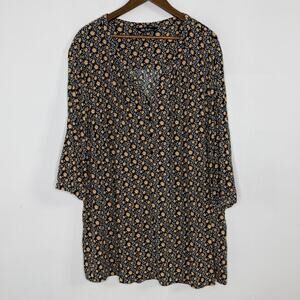 Ulla Popken Shirt Womens 28 Black Floral V Neck Tunic 3/4 Sleeve Top Blouse